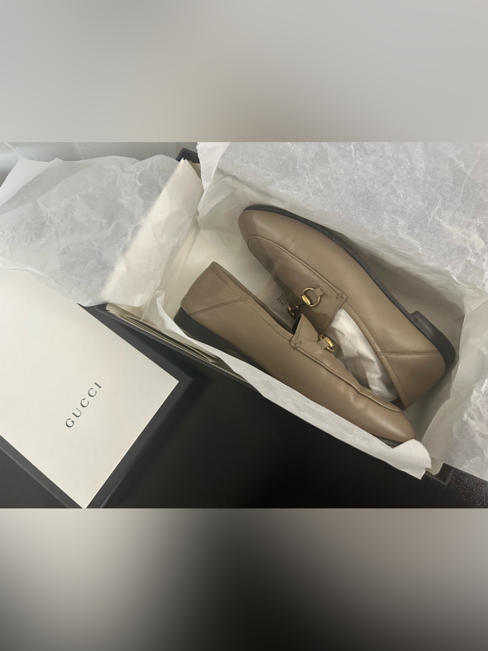 GUCCI BRIXTON LEATHER HORSEBIT TAUPE BEIGE LOAFERS SIZE 37 $990